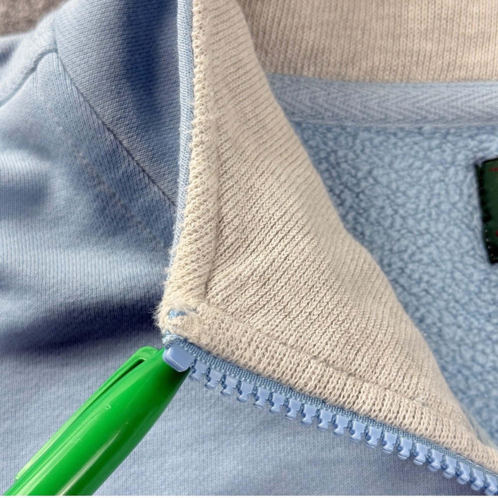 Vintage Orvis Mens Sweatshirt XL Light Blue Quarter Zip Elbow Patches Golf Logo - Picture 9 of 10